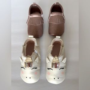Baby girl glittery pink and white unicorn moccasins. Size 6-9months
